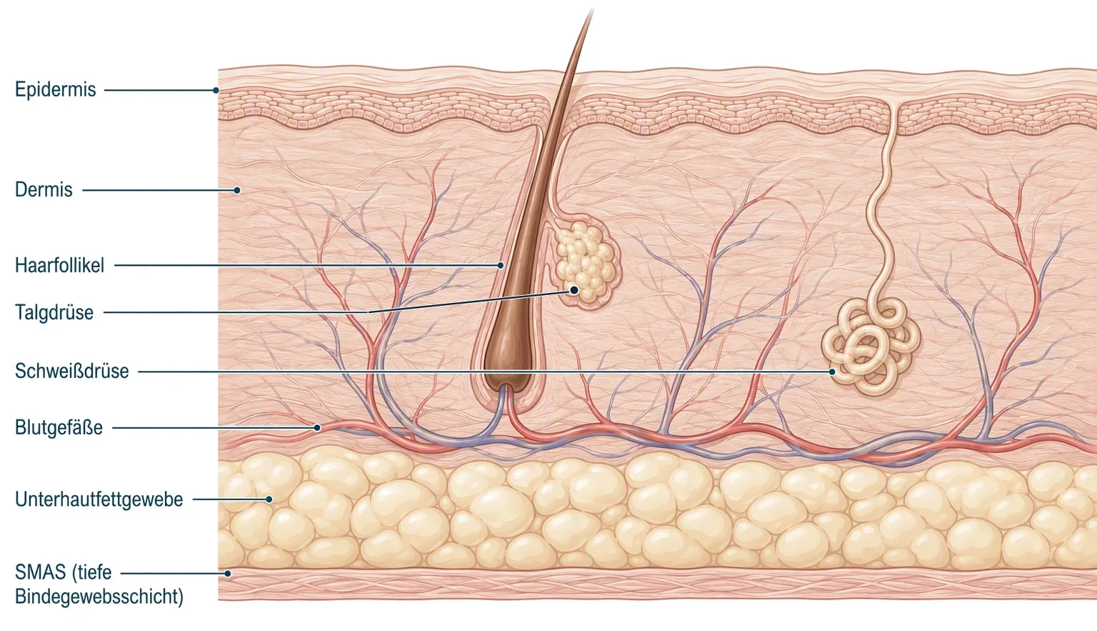 Aufbau der Gesichtshaut im Querschnitt: Epidermis, Dermis mit Haarfollikel und Drüsen, Unterhautfettgewebe und darunter die SMAS.