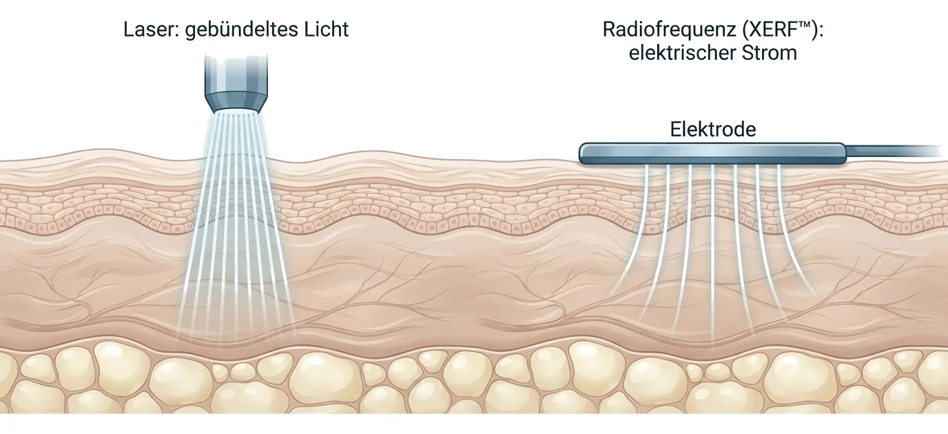 Vergleich der Wirkprinzipien: Licht wird im Gewebe absorbiert (Laser), elektrischer Strom erzeugt Wärme im Gewebe (Radiofrequenz, XERF).