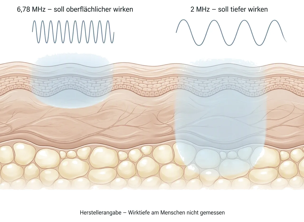 Zwei Frequenzen laut Hersteller: 6,78 Megahertz soll oberflächlicher, 2 Megahertz tiefer wirken. Die Reichweite ist nicht gemessen.