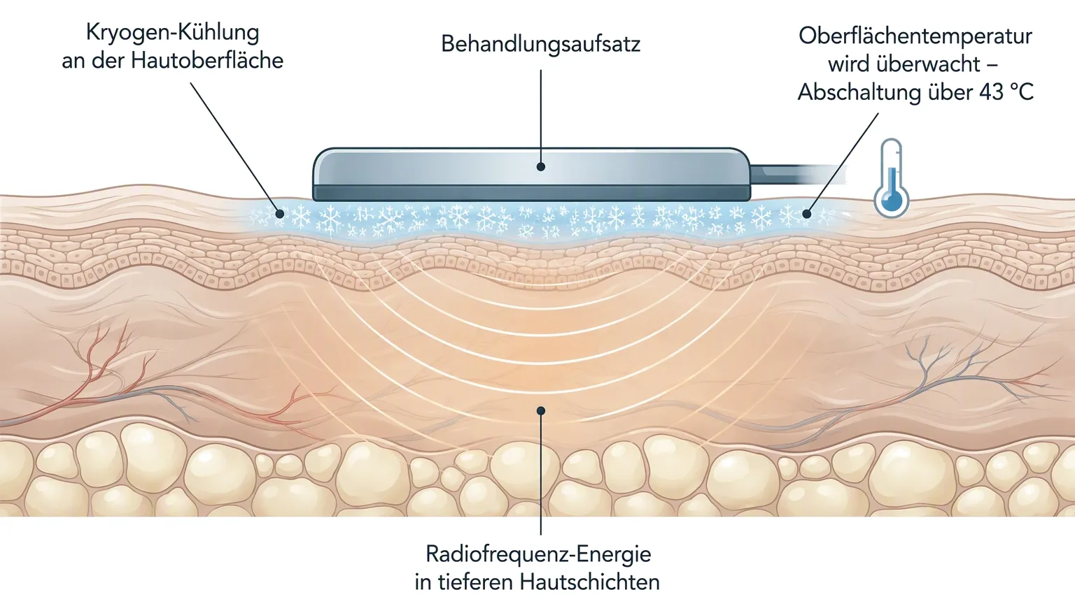 Schema einer XERF-Sitzung: gekühlte Hautoberfläche, Radiofrequenz-Energie in tieferen Schichten, überwachte Oberflächentemperatur.
