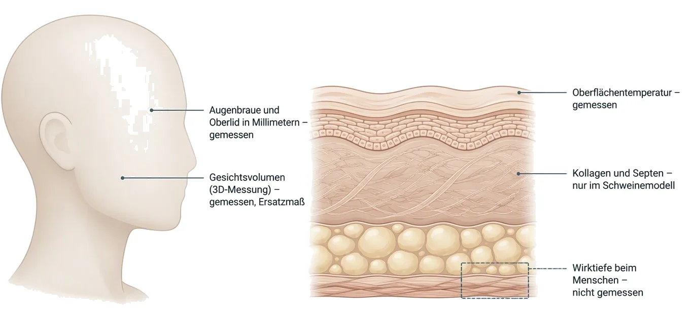 Was zu XERF gemessen wurde: Oberflächentemperatur, Gesichtsvolumen, Augenbraue und Oberlid am Menschen, Kollagen nur im Tiermodell, Wirktiefe beim Menschen nicht.