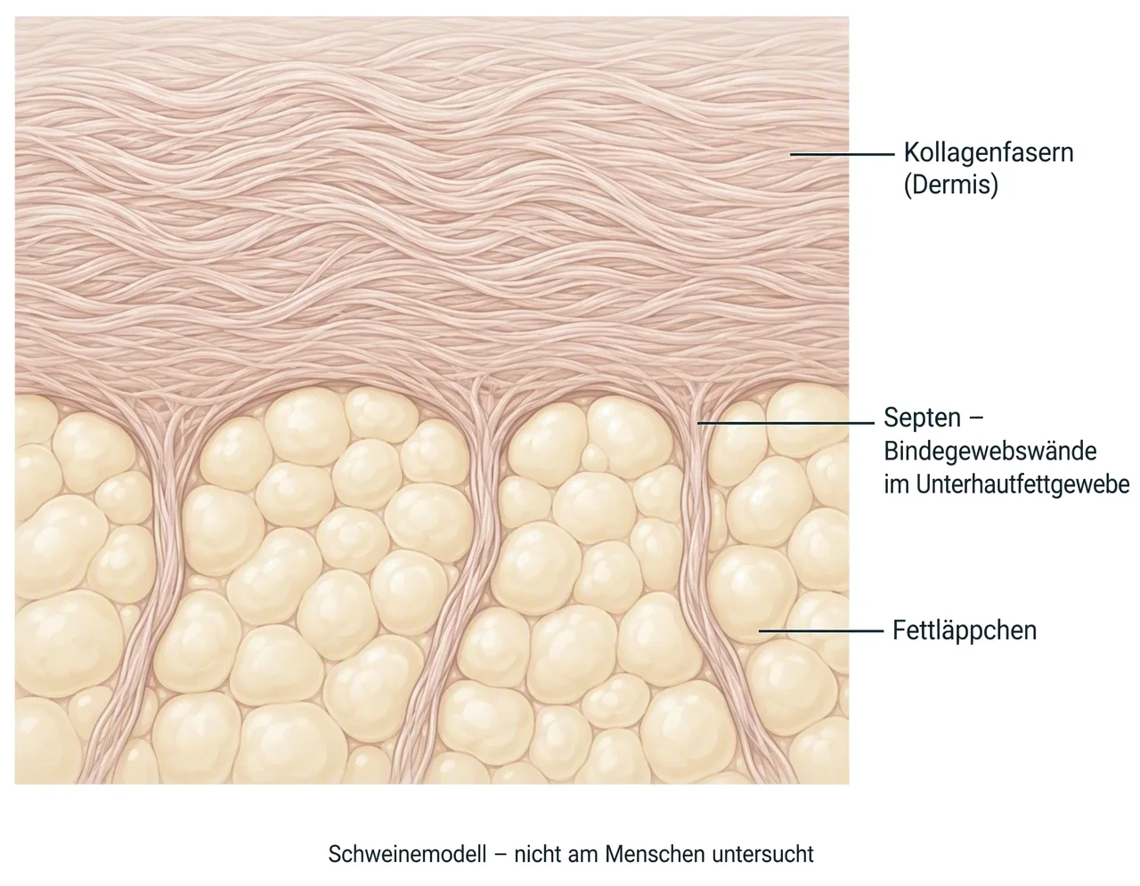 Kollagenfasern der Dermis und Septen im Unterhautfettgewebe, wie sie die Histologie-Studie im Schweinemodell untersucht hat.