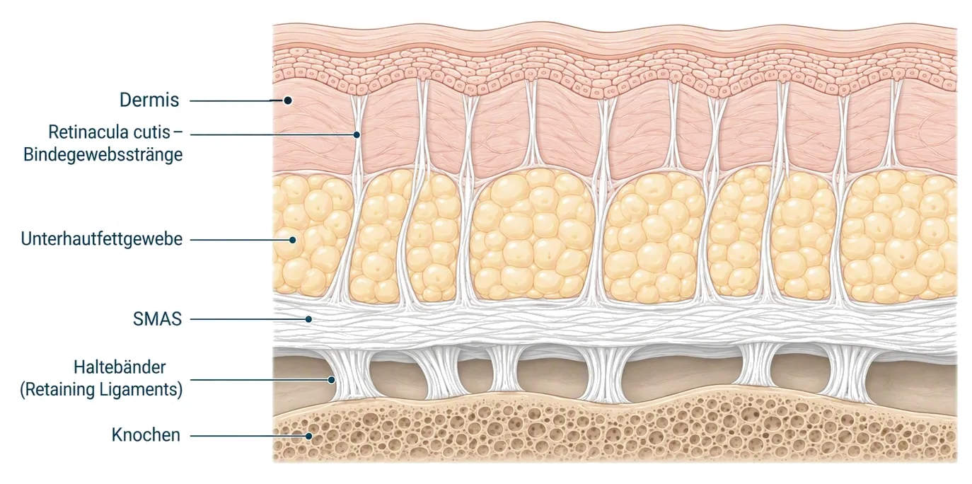 Stützstrukturen des Gesichts im Querschnitt: Dermis, Retinacula cutis, Unterhautfettgewebe, SMAS, Haltebänder, Knochen.