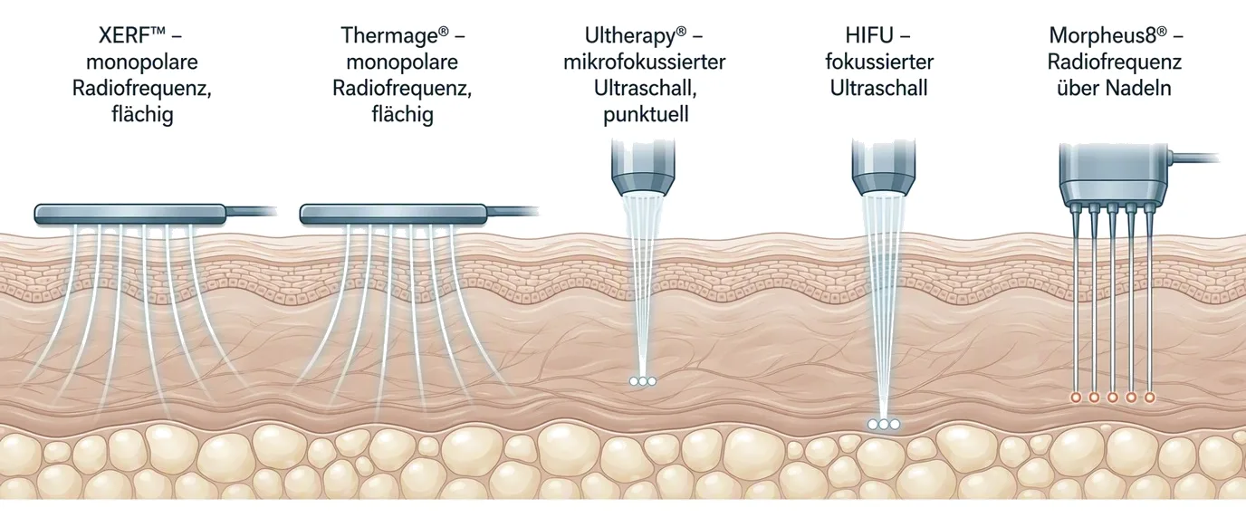 Fünf Verfahren zur Hautstraffung nach ihrer Energieform: monopolare Radiofrequenz bei XERF und Thermage, mikrofokussierter Ultraschall bei Ultherapy, HIFU, Radiofrequenz über Nadeln bei Morpheus8.