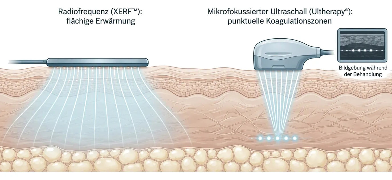 Flächige Erwärmung bei Radiofrequenz gegenüber punktuellen Koagulationszonen bei mikrofokussiertem Ultraschall mit Bildgebung.