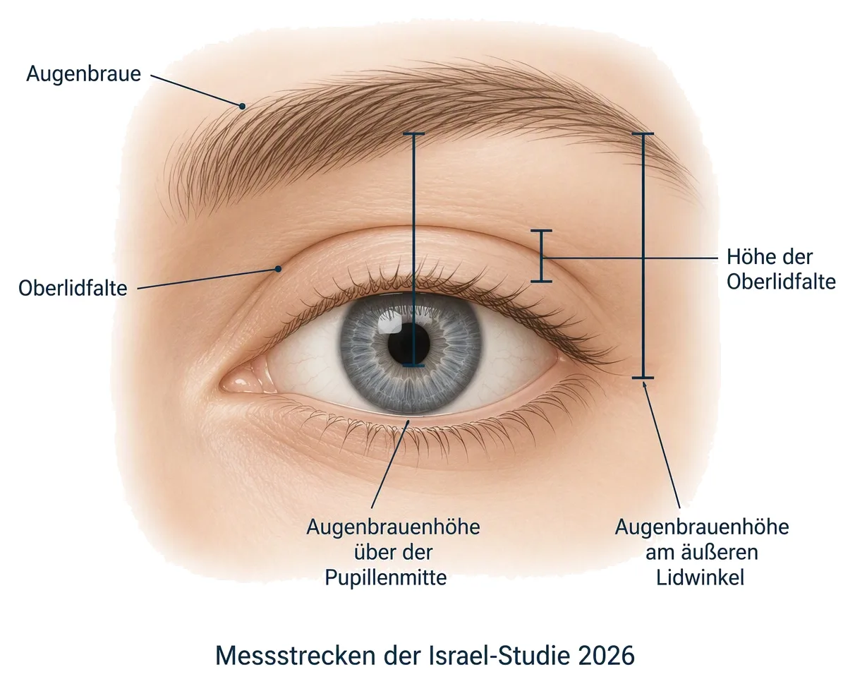 Augenpartie mit den drei Messstrecken der israelischen Fallserie: Augenbrauenhöhe über der Pupillenmitte, am äußeren Lidwinkel und Höhe der Oberlidfalte.