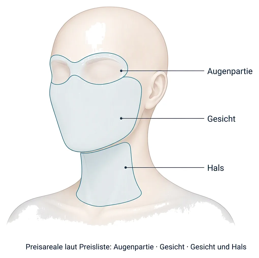 Schema der drei Behandlungsareale, für die die meisten Preislisten getrennte Preise nennen: Augenpartie, Gesicht sowie Gesicht und Hals.