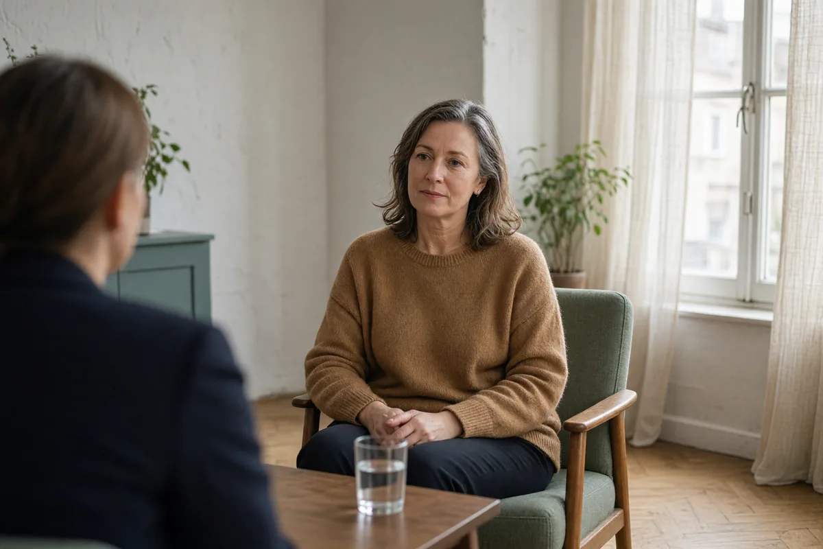 Symbolbild: Frau um 50 sitzt im Sessel einer hellen Praxis und hört zu, im Vordergrund unscharf die beratende Person.