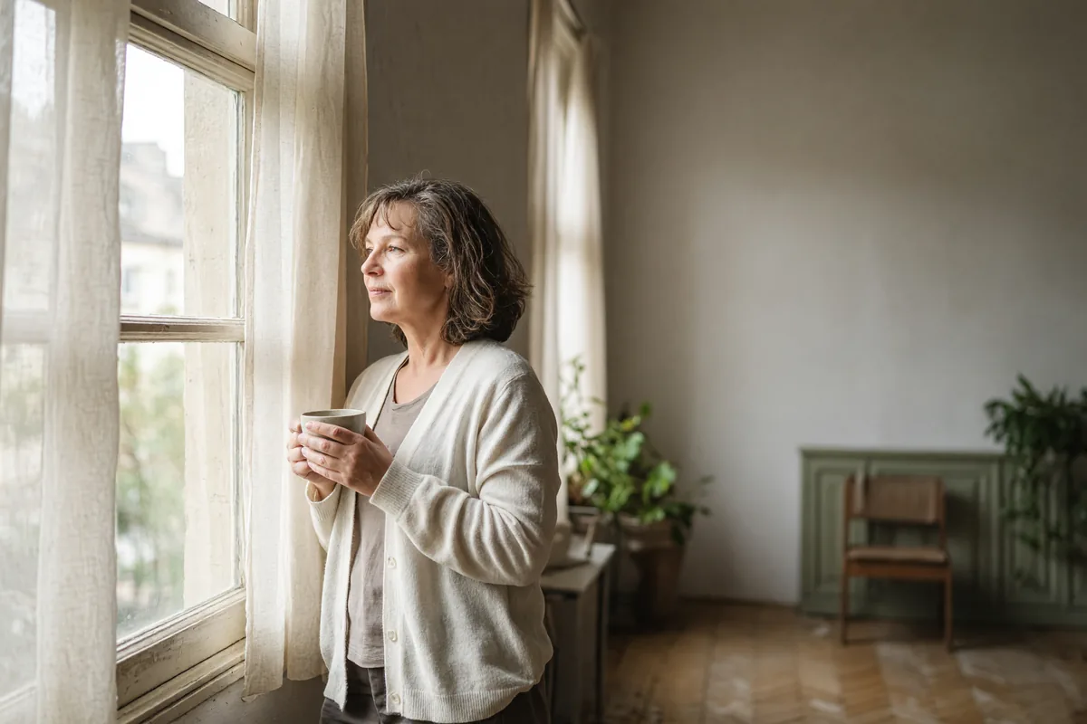Symbolbild: Frau um 55 in heller Strickjacke steht mit einer Tasse am Fenster und blickt entspannt nach draußen.