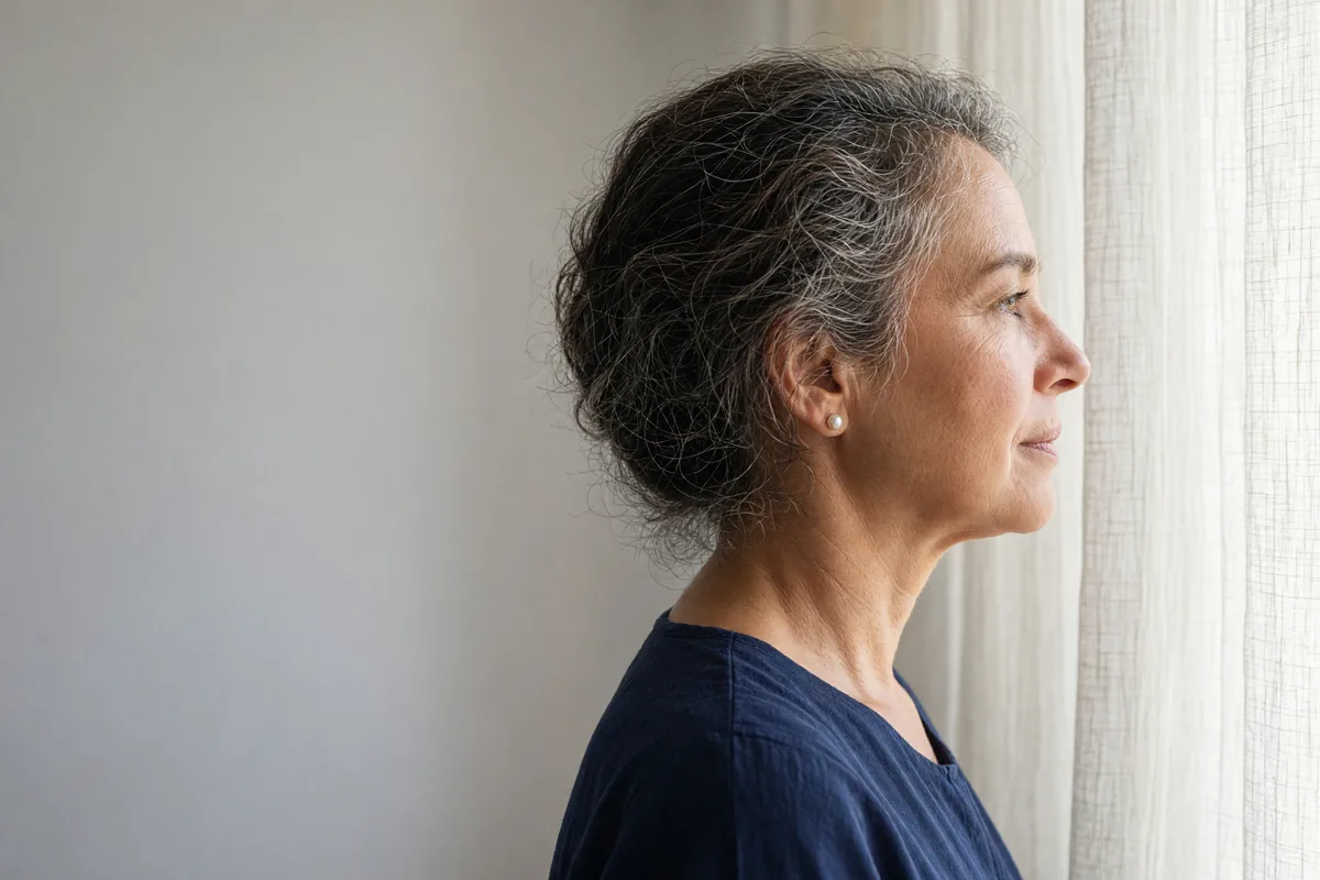 Symbolbild: Frau um 55 im Profil am Fenster, graues hochgestecktes Haar, Hals- und Kinnpartie in weichem Tageslicht.