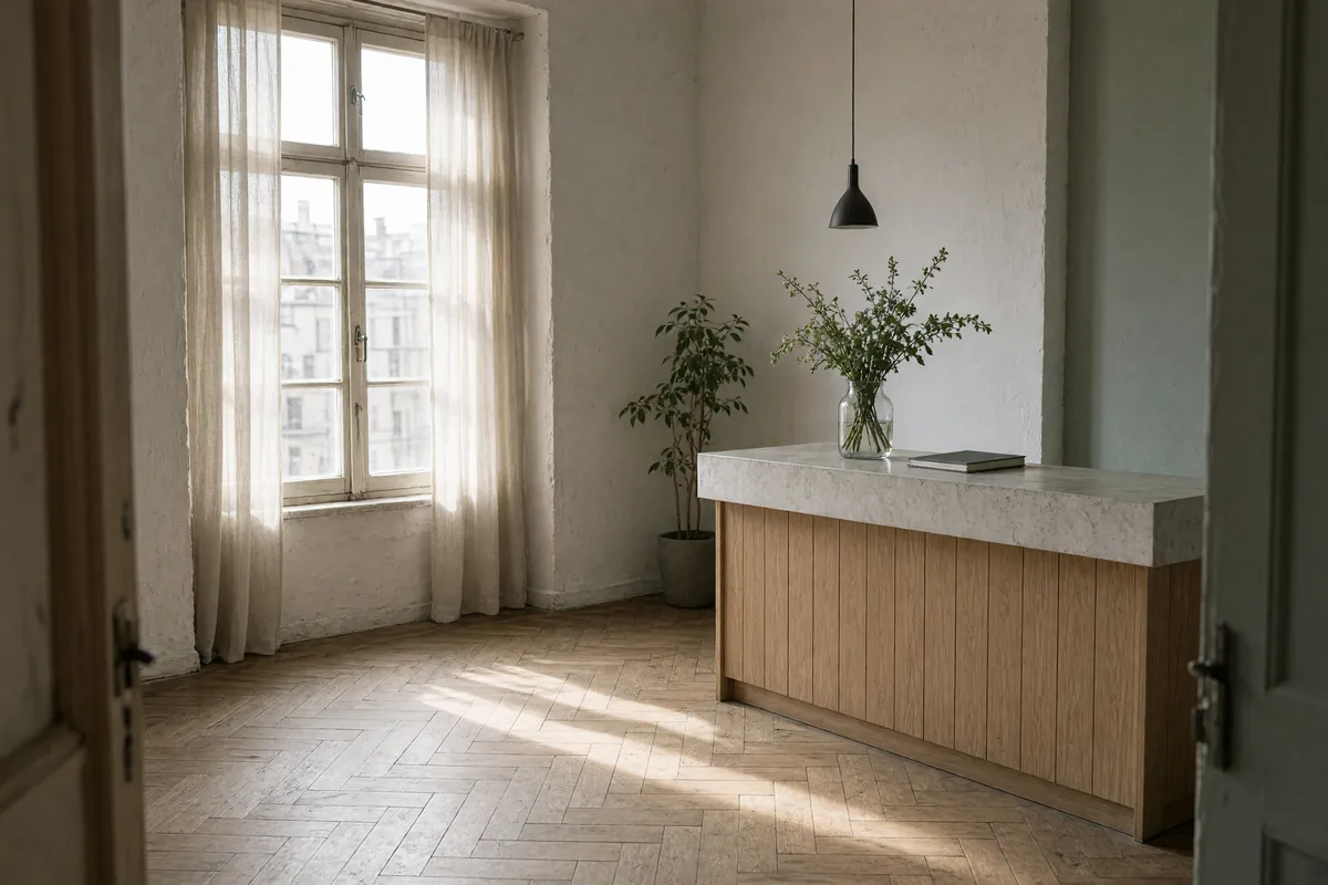 Symbolbild: Heller Empfangsbereich einer Praxis im Altbau mit Holztresen, Pflanzen und Fischgrätparkett, ohne Personen.