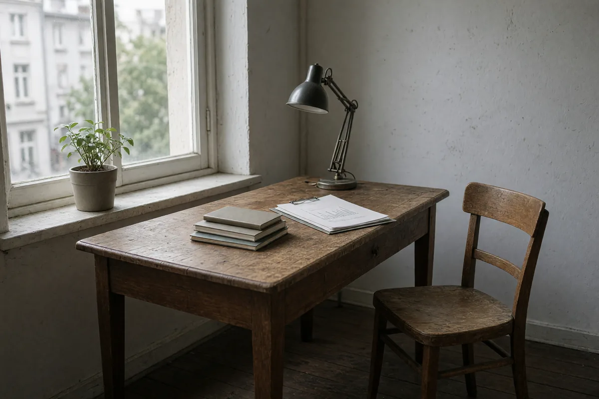 Symbolbild: Alter Holzschreibtisch am Fenster mit Leselampe, Notizbüchern und Unterlagen, daneben ein Stuhl.