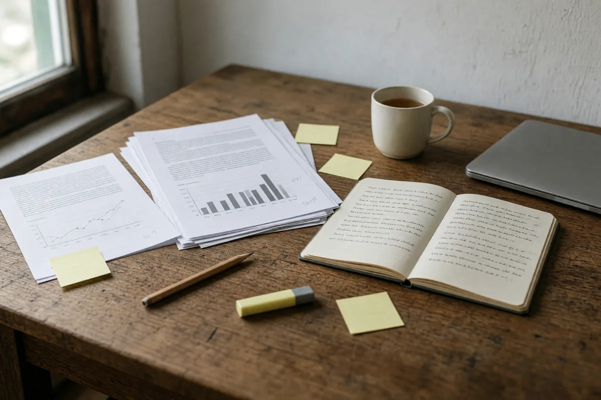 Symbolbild: Holztisch mit Studienausdrucken, Haftnotizen, offenem Notizbuch und Teetasse in hellem Tageslicht.