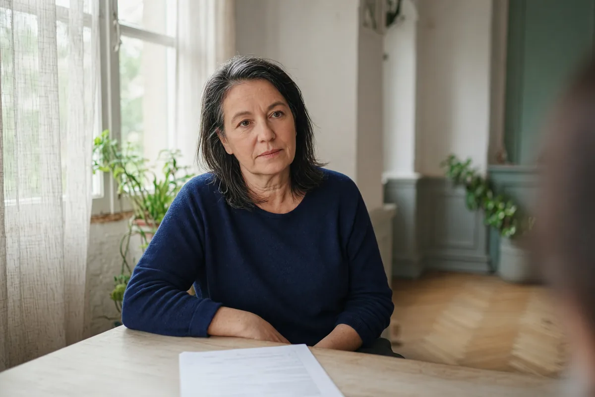 Symbolbild: Frau um 55 im dunkelblauen Pullover hört am Tisch einer Praxis aufmerksam zu, vor ihr liegt ein Blatt Papier.
