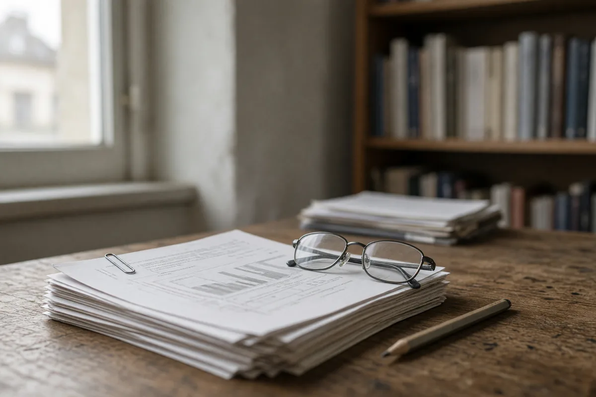 Symbolbild: Stapel Studienausdrucke mit Lesebrille und Bleistift auf einem Holzschreibtisch, dahinter ein Bücherregal.