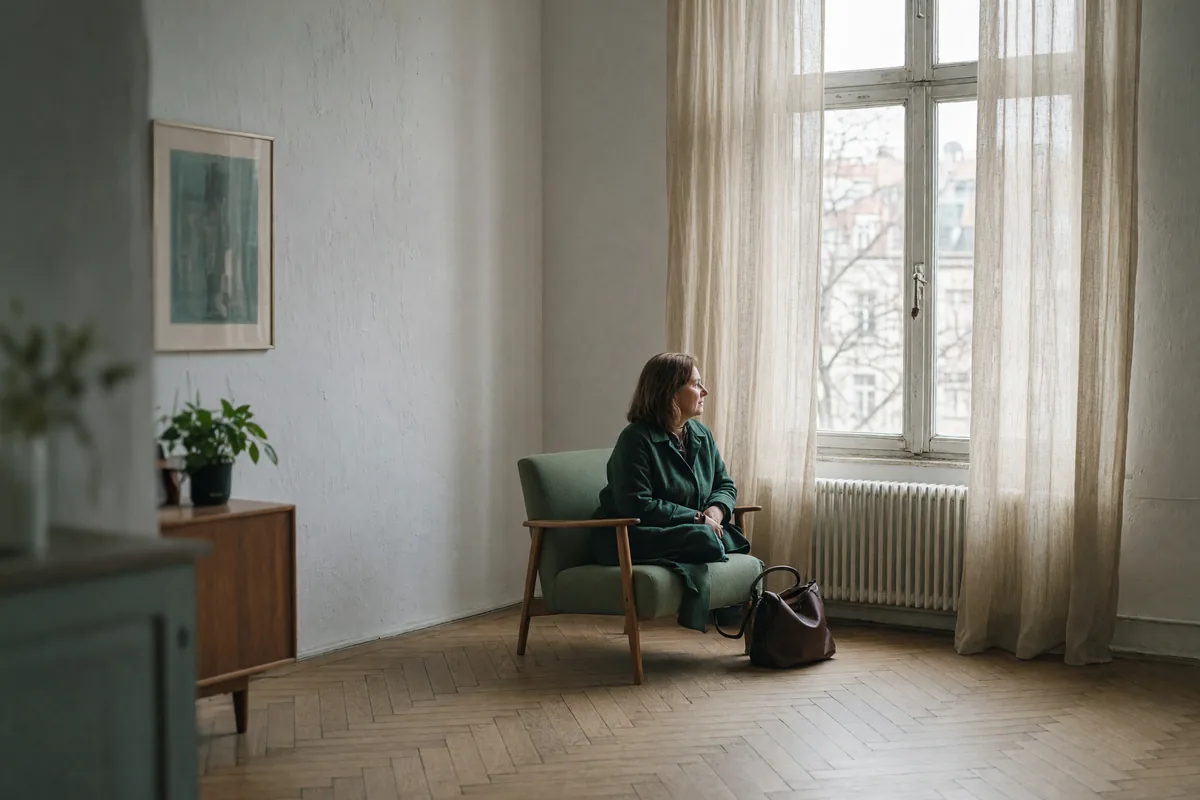 Symbolbild: Frau im grünen Mantel wartet im Sessel eines hellen Altbauraums und blickt aus dem hohen Fenster.